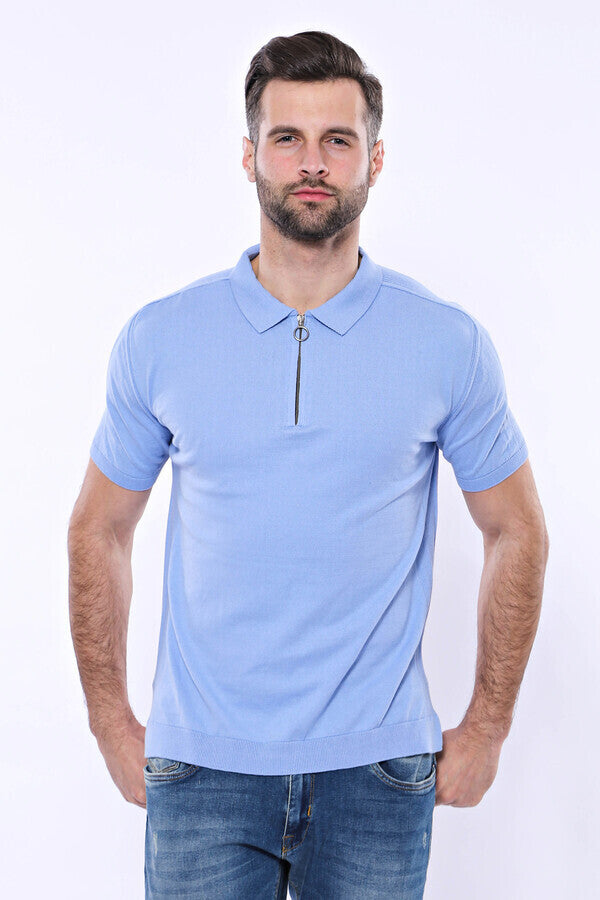 Polo Neck Plain Sky Blue Knitted T-Shirt - Wessi