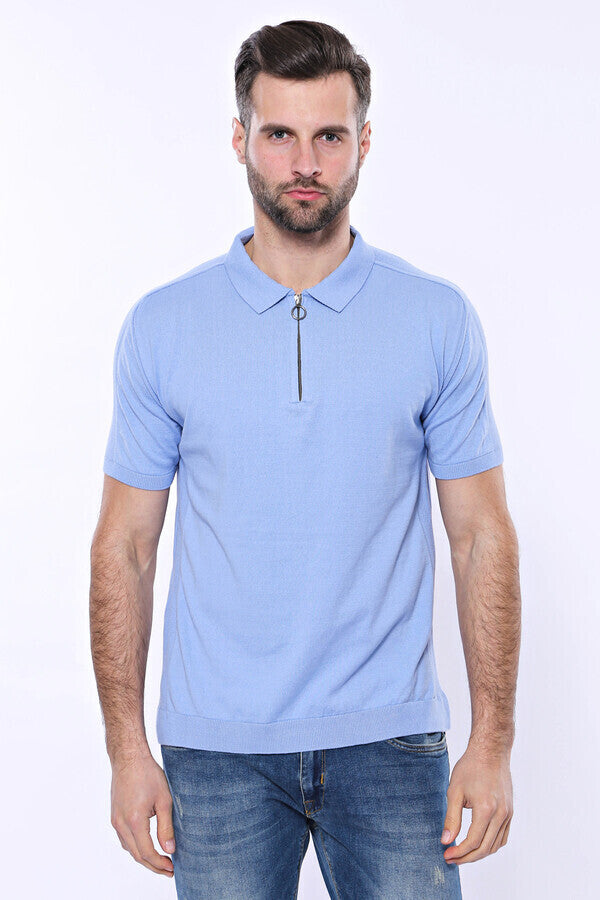 Polo Neck Plain Sky Blue Knitted T-Shirt - Wessi