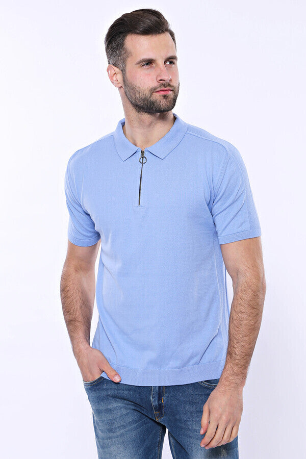 Polo Neck Plain Sky Blue Knitted T-Shirt - Wessi