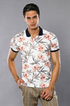 Polo Neck Floral Patterned Men Cream T-Shirt - Wessi