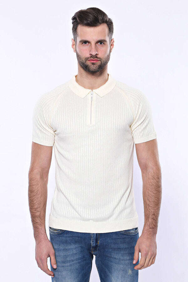 Polo Zippered Patterned Cream Knitted T-Shirt - Wessi