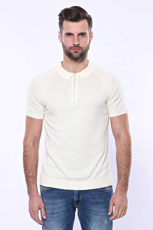 Polo Zippered Patterned Cream Knitted T-Shirt - Wessi