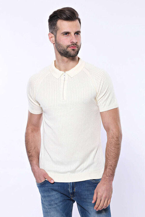 Polo Zippered Patterned Cream Knitted T-Shirt - Wessi
