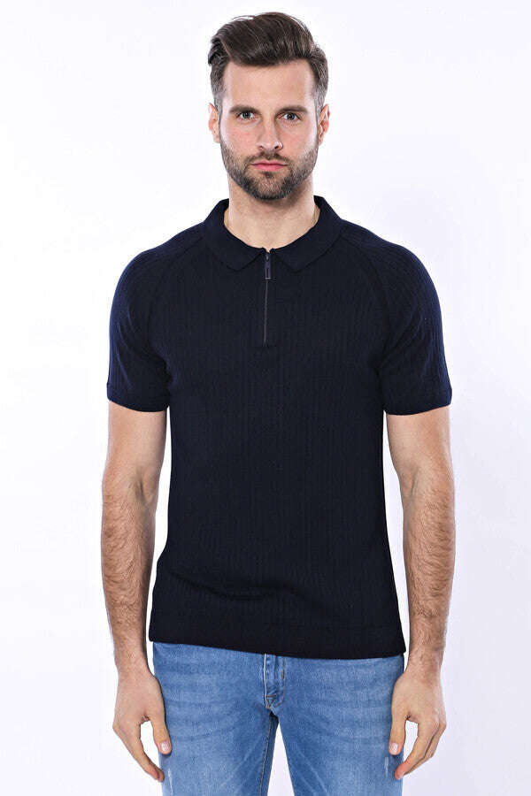 Polo Zippered Patterned Knitted Navy Blue Men T-Shirt - Wessi