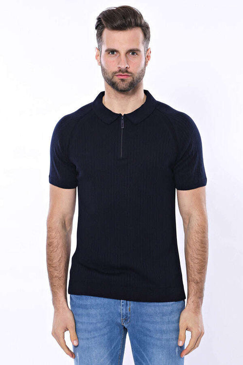 Polo Zippered Patterned Knitted Navy Blue Men T-Shirt - Wessi