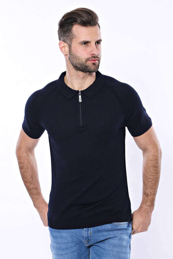 Polo Zippered Patterned Knitted Navy Blue Men T-Shirt - Wessi