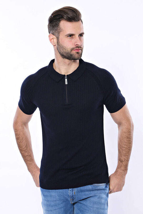 Polo Zippered Patterned Knitted Navy Blue Men T-Shirt - Wessi