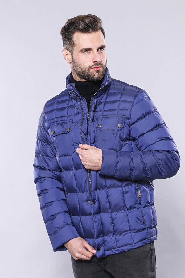Quilted Blue Men Winter Coat - Wessi