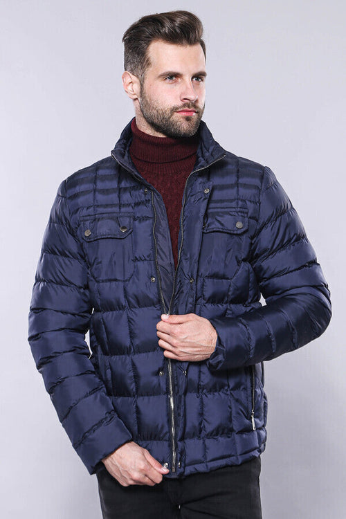 Quilted Navy Blue Men Winter Coat - Wessi