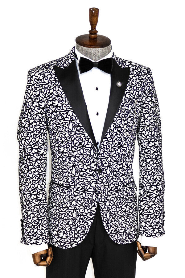 Scroll Patterned White Men Prom Blazer - Wessi