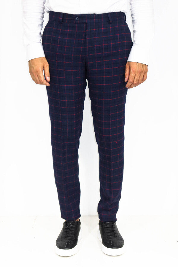 Slim Fit Checked Navy Blue Men Pants - Wessi