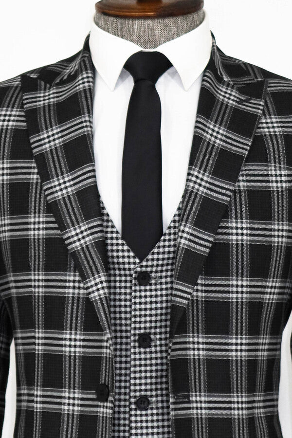 Slim Fit Patterned Checked Black Men Suit - Wessi