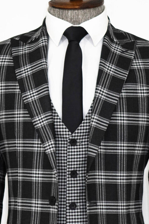 Slim Fit Patterned Checked Black Men Suit - Wessi