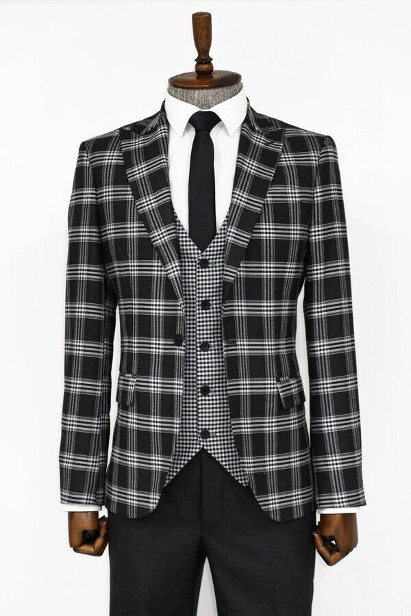 Slim Fit Patterned Checked Black Men Suit - Wessi