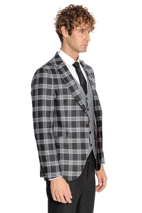 Slim Fit Patterned Checked Black Men Suit - Wessi