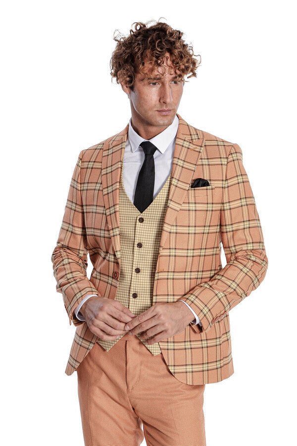 Slim Fit Patterned Checked Orange Men Suit - Wessi