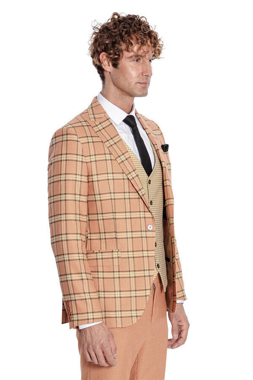 Slim Fit Patterned Checked Orange Men Suit - Wessi