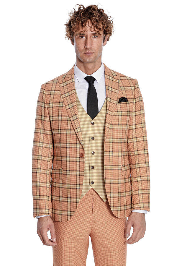 Slim Fit Patterned Checked Orange Men Suit - Wessi
