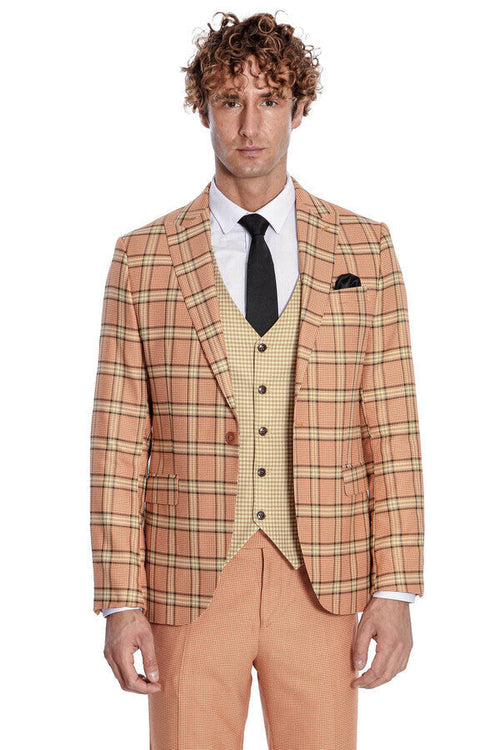 Slim Fit Patterned Checked Orange Men Suit - Wessi
