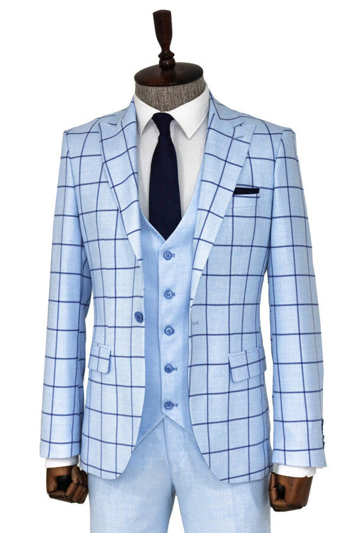 Slim Fit Patterned Light Blue Men Combination Suit - Wessi