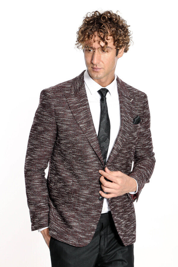 Slim Fit Patterned Sport Burgundy Men Blazer - Wessi