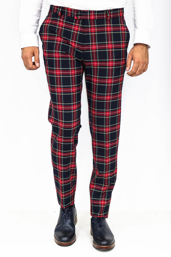 Slim Fit Plaid Men Navy Blue Pants - Wessi
