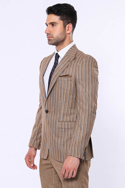 Striped Blazer Plain Pants Light Brown Men Suit - Wessi