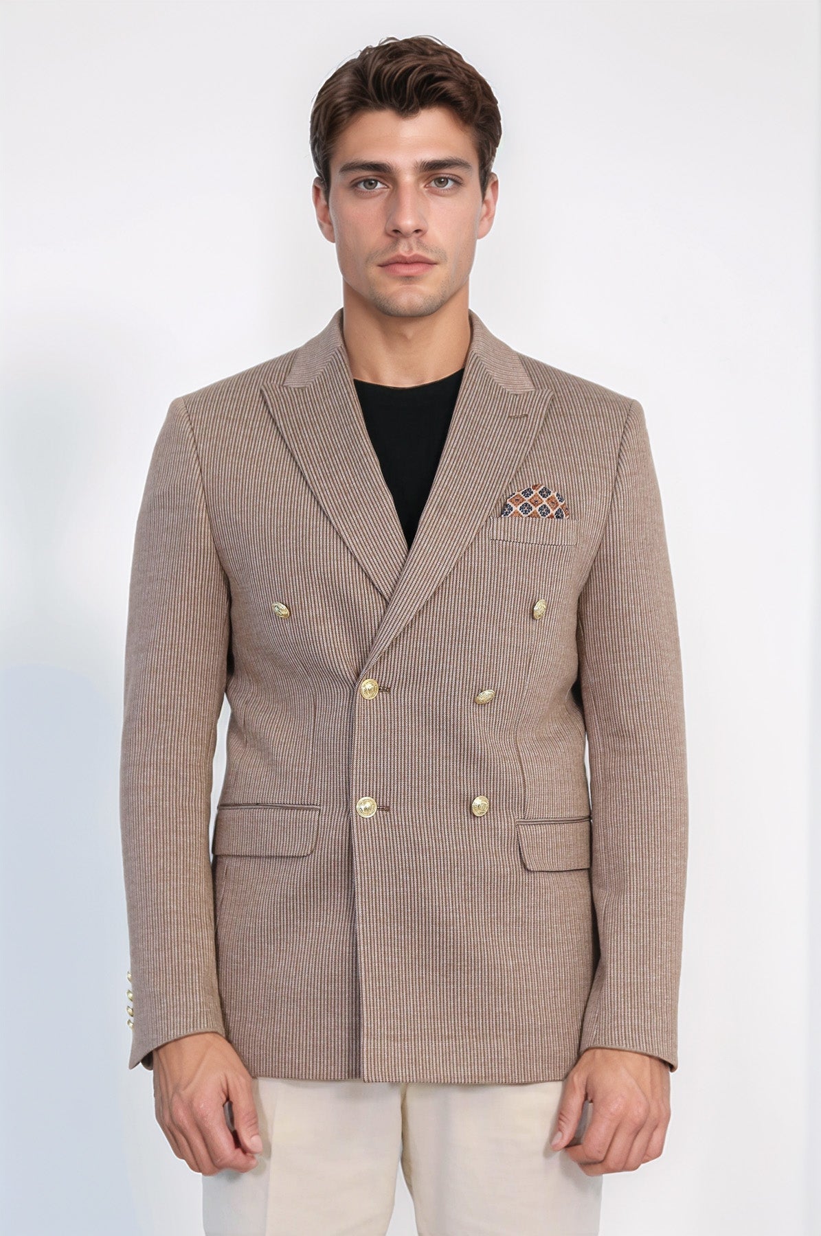 Sand Beige Pinstriped Slim Fit Double-Breasted Blazer with Gold Metal Buttons – Wessi