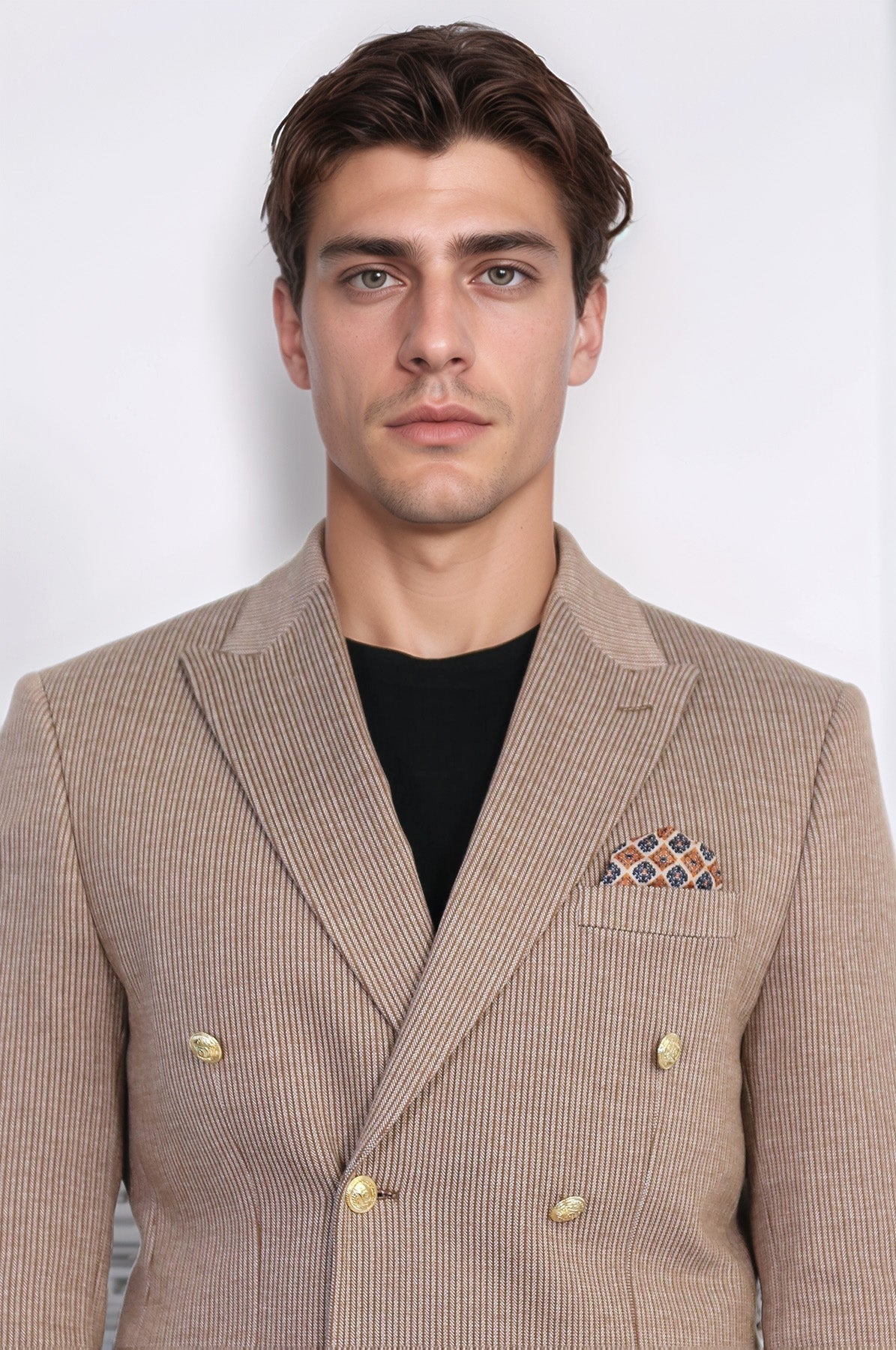 Sand Beige Pinstriped Slim Fit Double-Breasted Blazer with Gold Metal Buttons – Wessi