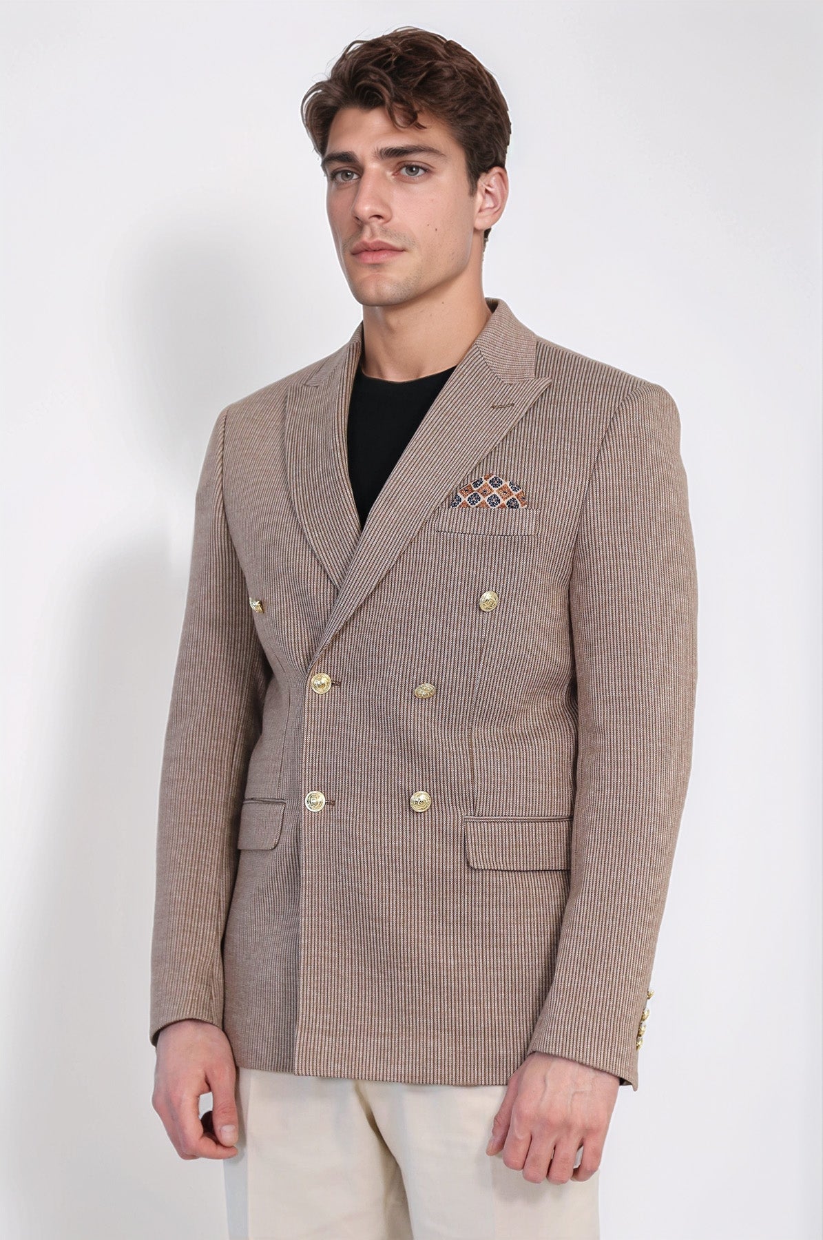 Sand Beige Pinstriped Slim Fit Double-Breasted Blazer with Gold Metal Buttons – Wessi