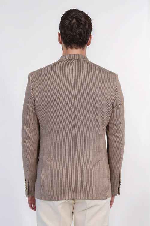 Sand Beige Pinstriped Slim Fit Double-Breasted Blazer with Gold Metal Buttons – Wessi