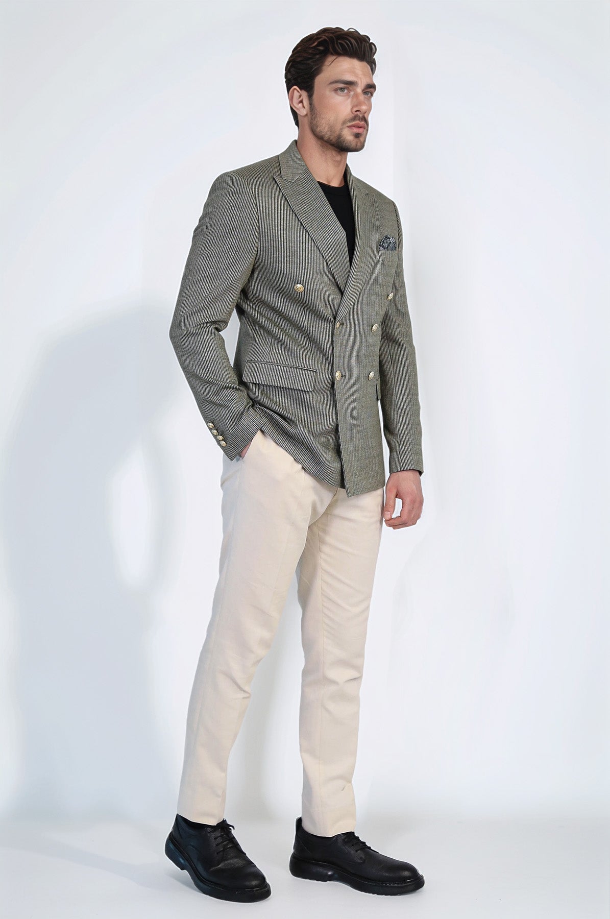 Olive Green Pinstriped Slim Fit Double-Breasted Blazer with Gold Metal Buttons – Wessi