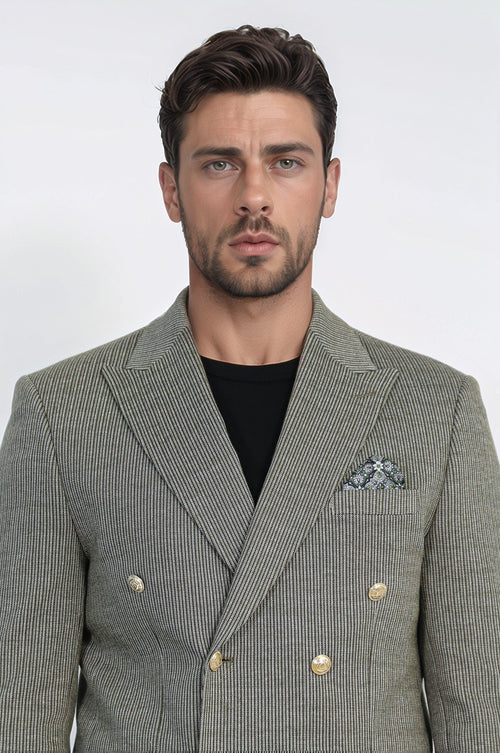 Olive Green Pinstriped Slim Fit Double-Breasted Blazer with Gold Metal Buttons – Wessi