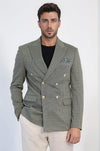 Olive Green Pinstriped Slim Fit Double-Breasted Blazer with Gold Metal Buttons – Wessi