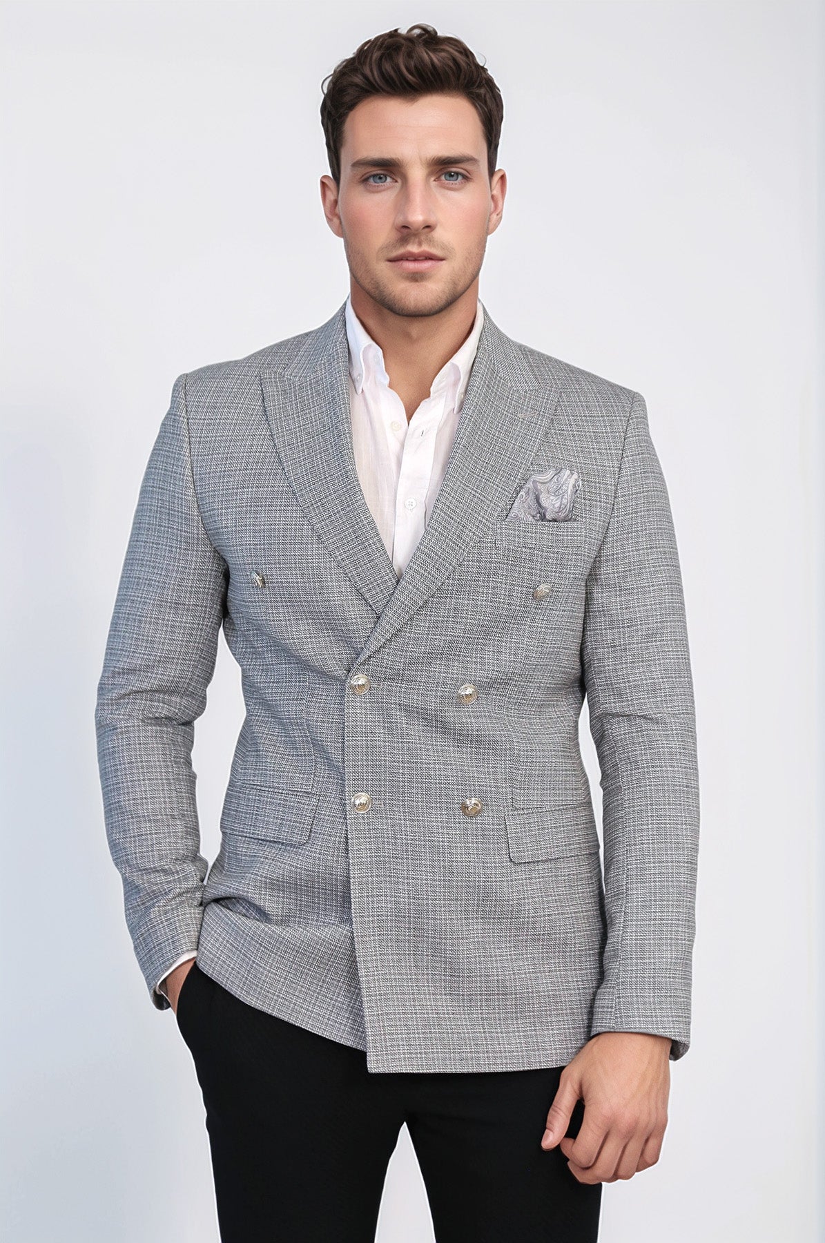 Black Micro-Check Slim Fit Double-Breasted Blazer with Silver Metal Buttons – Wessi