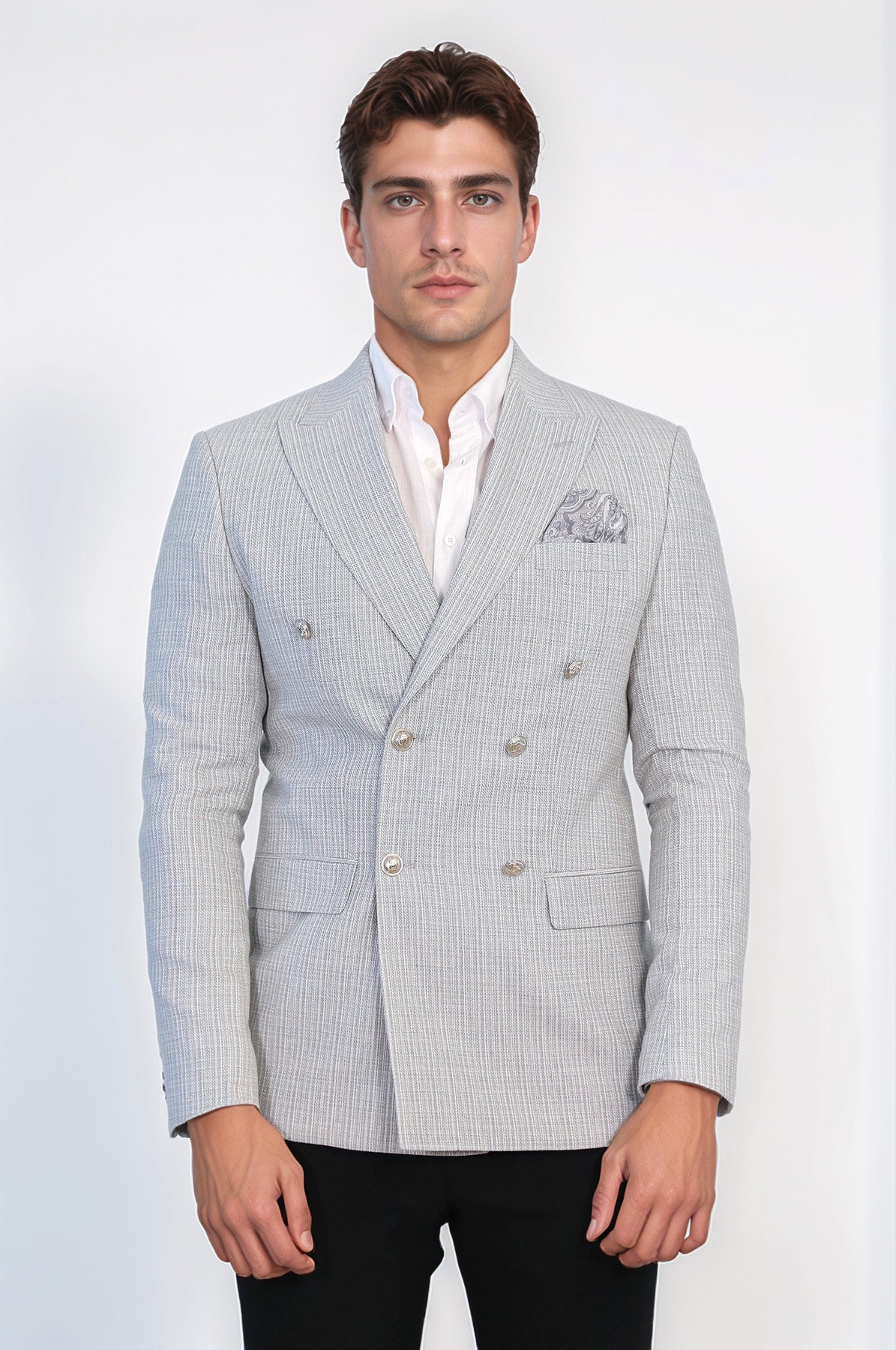 Gray Micro-Check Slim Fit Double-Breasted Blazer with Silver Metal Buttons – Wessi
