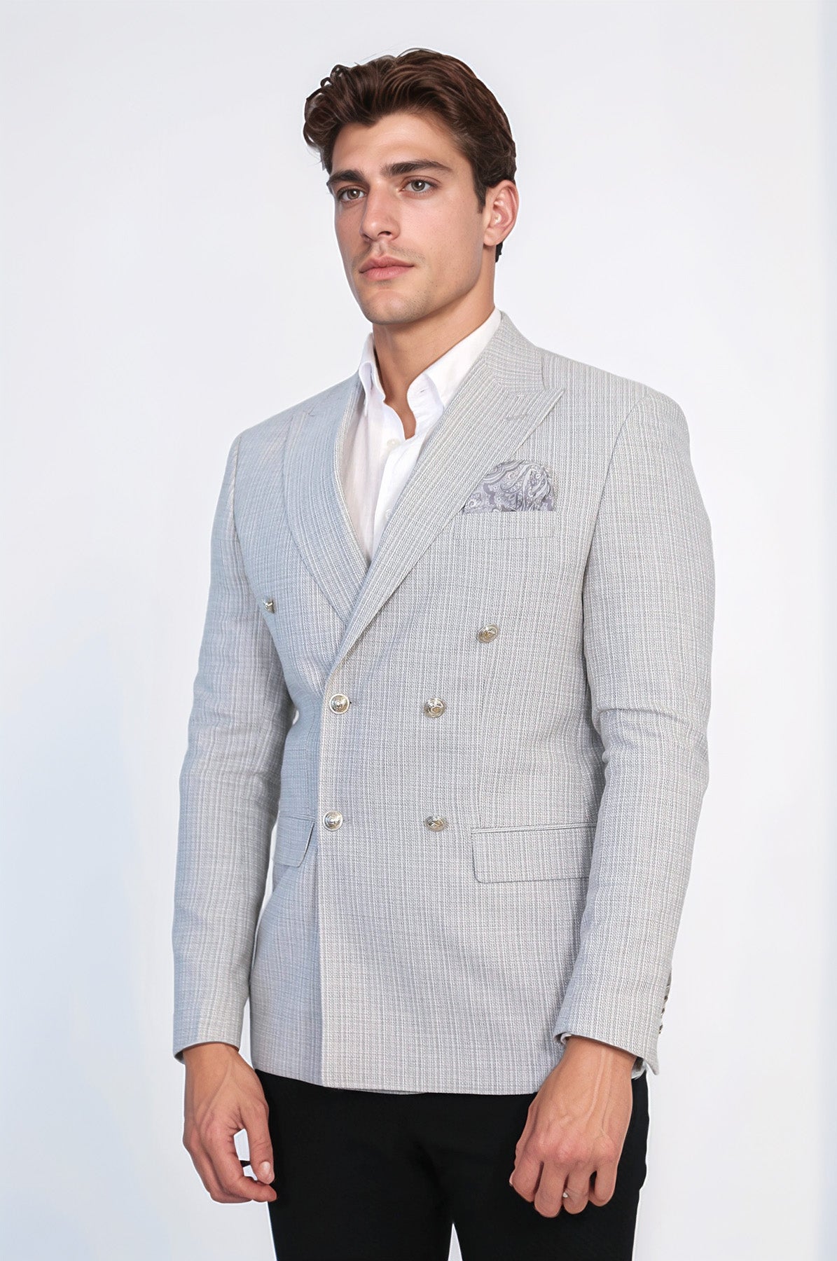 Gray Micro-Check Slim Fit Double-Breasted Blazer with Silver Metal Buttons – Wessi