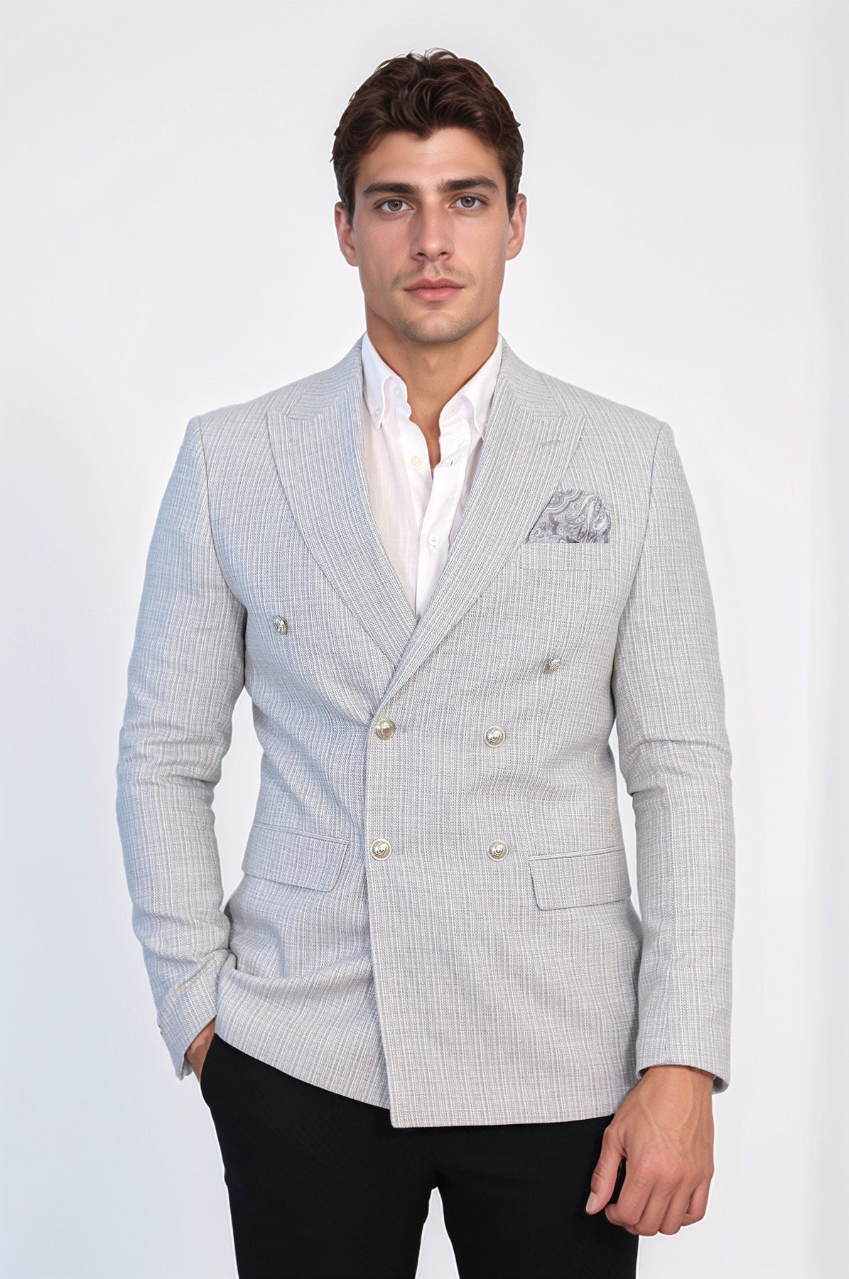 Gray Micro-Check Slim Fit Double-Breasted Blazer with Silver Metal Buttons – Wessi