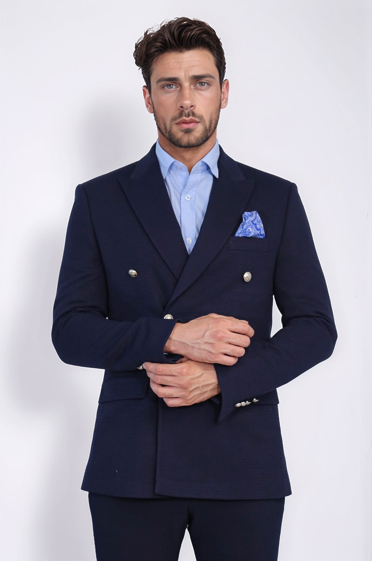 Navy Blue Solid Slim Fit Double-Breasted Blazer with Silver Metal Buttons – Wessi
