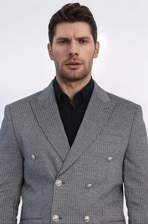 Anthracite Pinstriped Slim Fit Double-Breasted Blazer with Silver Metal Buttons – Wessi