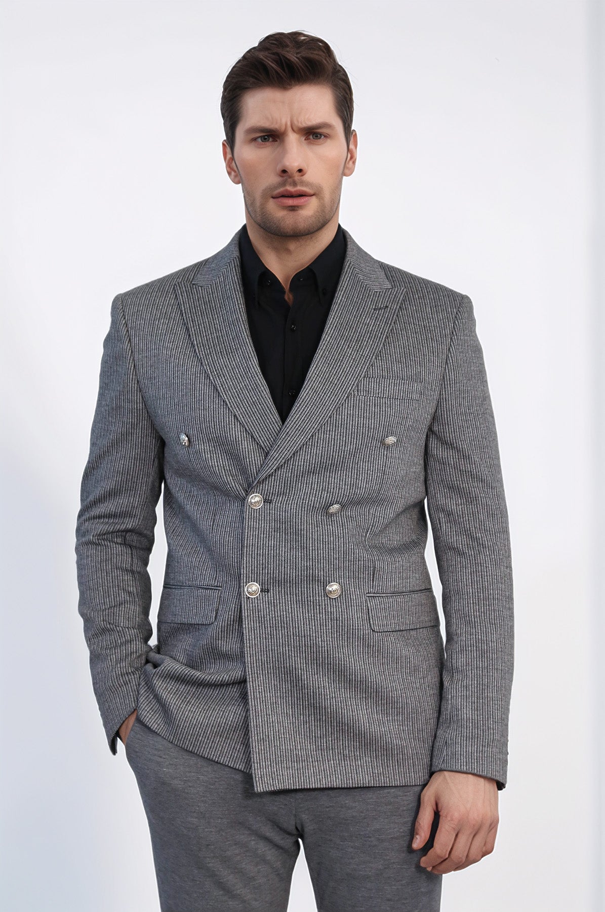 Anthracite Pinstriped Slim Fit Double-Breasted Blazer with Silver Metal Buttons – Wessi