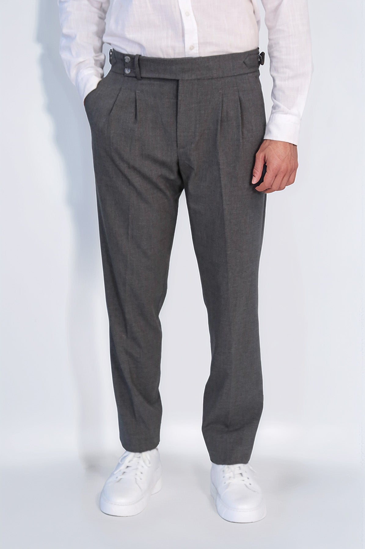 Anthracite Double Pleated Buckled High Waist Slim Fit Trousers Wessi