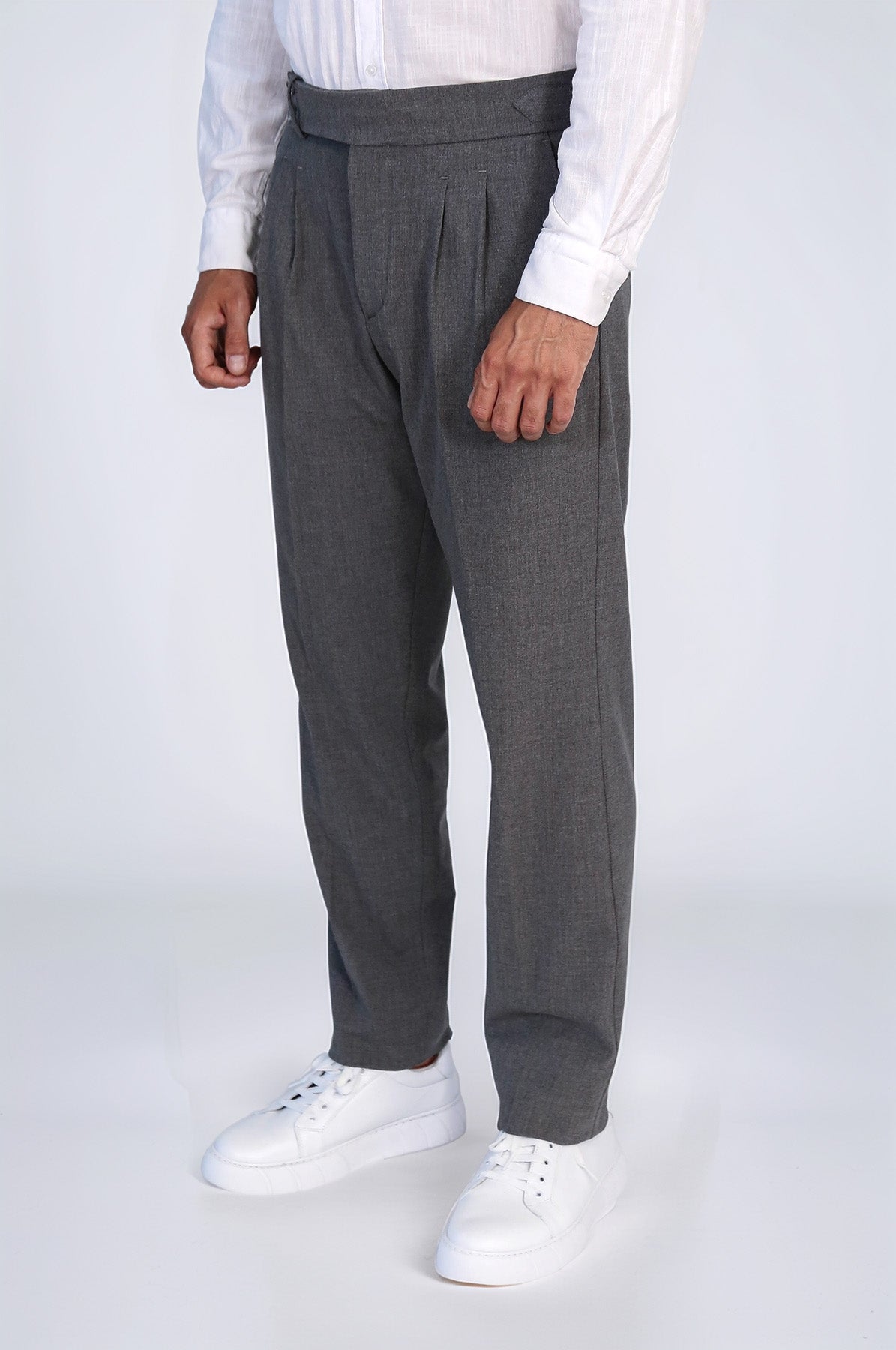 Anthracite Double Pleated Buckled High Waist Slim Fit Trousers Wessi
