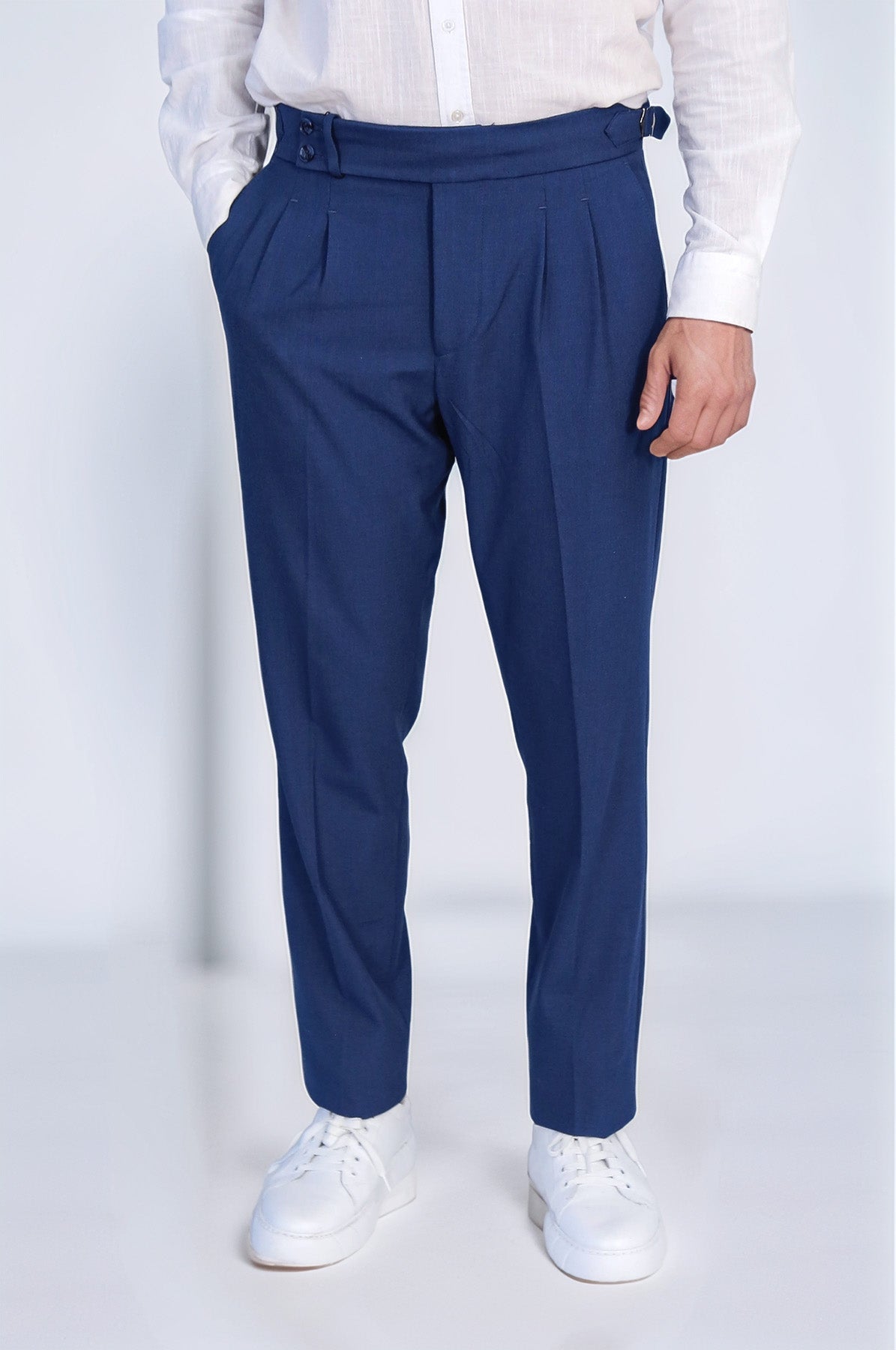 Saks Blue Double Pleated Buckled High Waist Slim Fit Trousers Wessi
