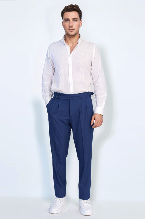Saks Blue Double Pleated Buckled High Waist Slim Fit Trousers Wessi