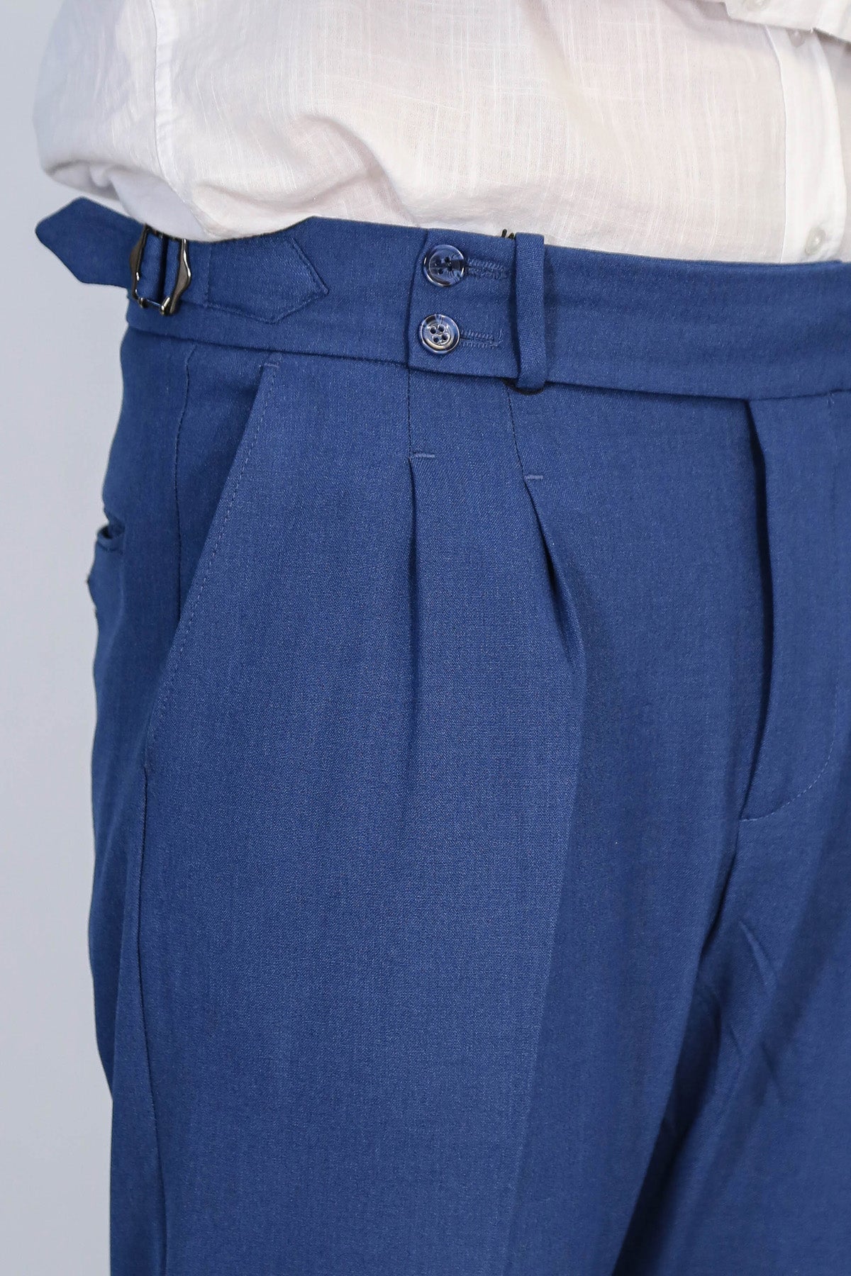 Saks Blue Double Pleated Buckled High Waist Slim Fit Trousers Wessi