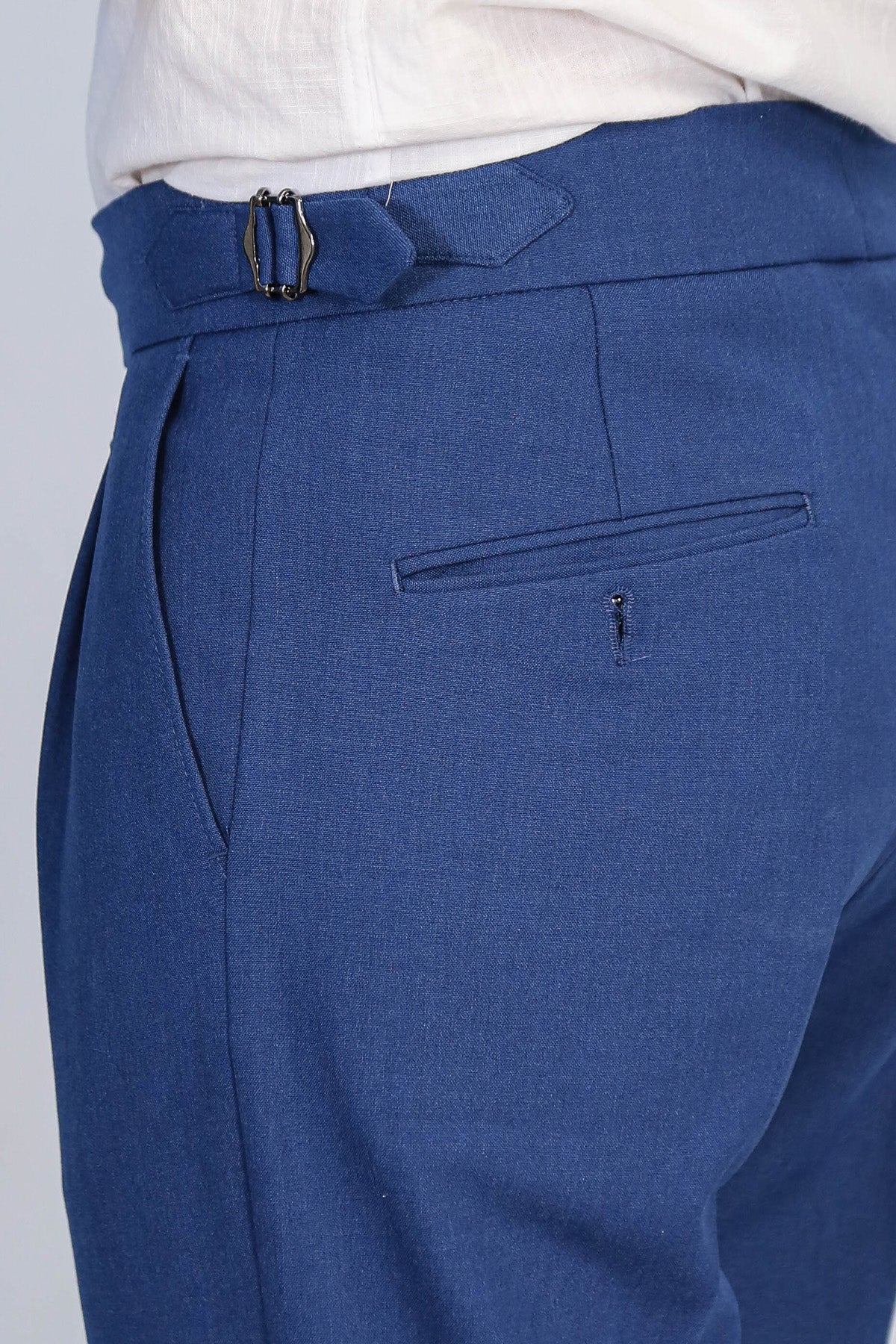 Saks Blue Double Pleated Buckled High Waist Slim Fit Trousers Wessi