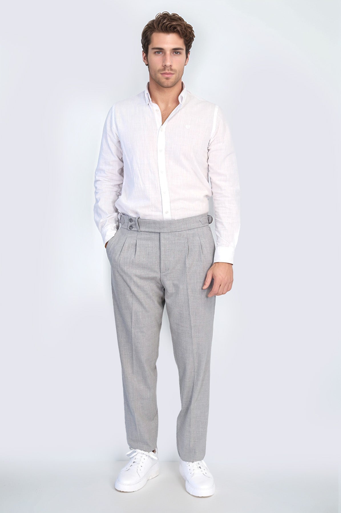 Grey Double Pleated Buckled High Waist Slim Fit Trousers Wessi