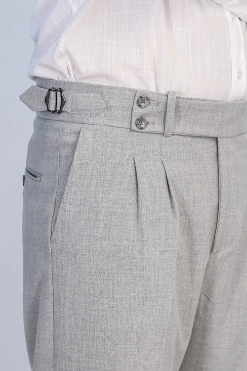 Grey Double Pleated Buckled High Waist Slim Fit Trousers Wessi