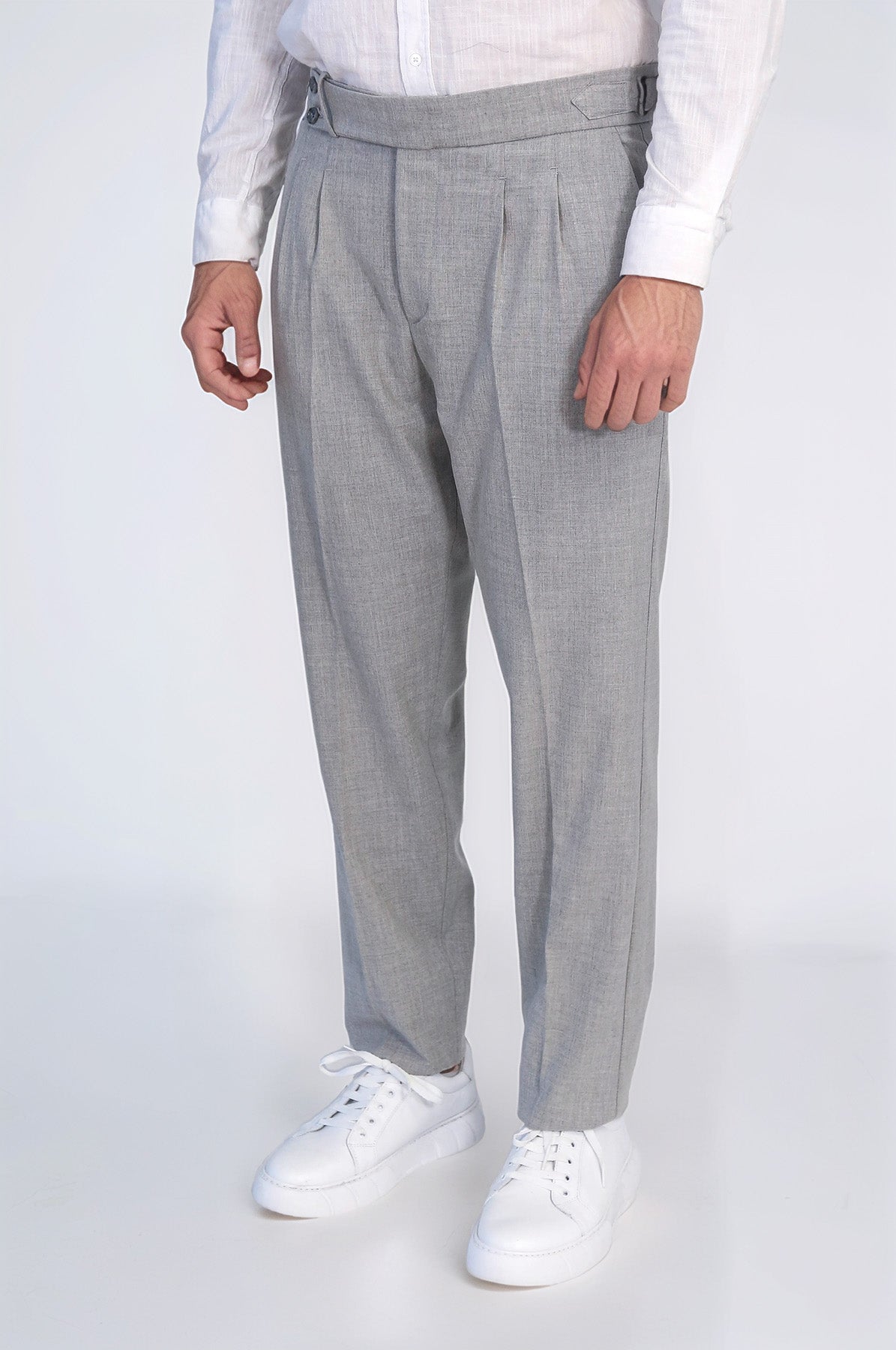 Grey Double Pleated Buckled High Waist Slim Fit Trousers Wessi